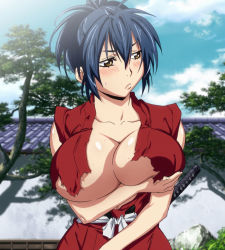 Rule 34 | 1girl, blue hair, breast hold, breasts, cleavage, hand on own chest, highres, huge breasts, manyuu chifusa, manyuu hikenchou, stitched, takagi jun, third-party edit, yellow eyes