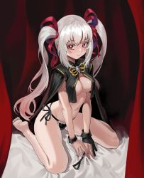 Rule 34 | 1girl, absurdres, barefoot, bed sheet, black cloak, black gloves, black panties, breasts, bright pupils, cao cao, cleavage, cloak, closed mouth, commentary, covered erect nipples, curtains, eyelashes, full body, gemi ningen, genderswap, genderswap (mtf), gloves, gold trim, hair between eyes, hair ribbon, highres, legs, long hair, looking at viewer, looking up, medium breasts, navel, on bed, panties, partially fingerless gloves, red eyes, ribbon, romance of the three kingdoms, seiza, side-tie panties, single glove, sitting, smile, solo, spread legs, twintails, underwear, very long hair, white hair, white pupils, wrist cuffs