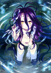 Rule 34 | 1girl, :3, absurdres, ahoge, highres, kneeling, long hair, looking at viewer, no game no life, nude, partially submerged, purple hair, shuvi (no game no life), water, yellow eyes