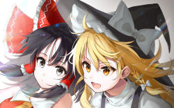 Rule 34 | 2girls, :o, ascot, bare shoulders, black hair, blonde hair, blurry, bow, braid, commentary request, depth of field, eyes visible through hair, grey eyes, hair between eyes, hair blowing, hair bow, hair ribbon, hair tubes, hakurei reimu, hat, high collar, highres, kirisame marisa, kiyosato 0928, leaning forward, leaning to the side, lens flare, long hair, looking at viewer, looking to the side, medium hair, multiple girls, open mouth, red vest, ribbon, shirt, sidelocks, simple background, single braid, touhou, tress ribbon, upper body, vest, white background, white shirt, witch hat, yellow ascot, yellow eyes