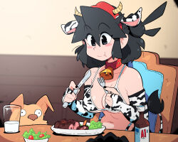 Rule 34 | 1girl, animal ears, animal print, bell, bikini, black eyes, black hair, black nails, blurry, blurry background, breasts, bridal gauntlets, chair, cleavage, collar, cow ears, cow print, cow tail, cup, dog, food, fork, gloves, highres, holding, holding fork, holding knife, knife, lucia (scott malin), meat, medium breasts, medium hair, milk, nail polish, neck bell, original, print bikini, print gloves, red collar, salad, scott malin, shadow, solo, swimsuit, table, tail