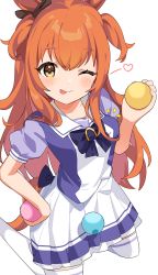 Rule 34 | animal ears, ball, blouse, commentary request, hair ornament, highres, horse ears, horse girl, inuyama nanami, long hair, looking at viewer, mayano top gun (umamusume), one eye closed, orange eyes, orange hair, purple shirt, school uniform, shirt, simple background, solo, thighhighs, tongue, tongue out, umamusume, white background, white thighhighs