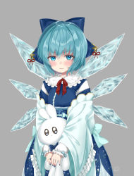 Rule 34 | 1girl, absurdres, adapted costume, blue bow, blue dress, blue eyes, blue hair, blue nails, blush, bow, cirno, dress, floral print, grey background, hair bow, highres, ice, ice wings, lips, long sleeves, nail polish, red ribbon, ribbon, sei ichi (shiratamamikan), short hair, simple background, solo, stuffed animal, stuffed rabbit, stuffed toy, touhou, wide sleeves, wings