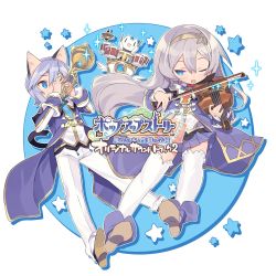 Rule 34 | 1boy, 1girl, absurdres, album cover, animal ears, blade (galaxist), blue eyes, blue hair, blush, cat, cat boy, cat ears, cat tail, cover, drum, full body, hairband, highres, instrument, ledo vassar, light blue hair, long hair, lucille aleister, official art, one eye closed, open mouth, pop-up story, school uniform, shiroe adele, silver hair, simple background, skirt, smile, sparkle, tail, thighhighs, trumpet, violin, white background, white thighhighs