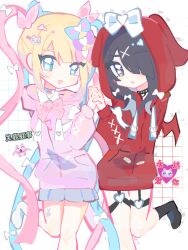Rule 34 | 2girls, :d, absurdres, ame-chan (needy girl overdose), animal hood, black choker, black eyes, black hair, blonde hair, blue bow, blue eyes, blue hair, blue skirt, blush, bow, chinese commentary, choker, chouzetsusaikawa tenshi-chan, collaboration, commentary request, demon wings, dual persona, hair bow, hair ornament, hair over one eye, heart, heart hair ornament, heart o-ring, highres, holding hands, hood, hood down, hood up, hoodie, long hair, long sleeves, multicolored hair, multiple girls, needy girl overdose, niganguwo, o-ring, o-ring thigh strap, official alternate costume, open mouth, pink bow, pink hair, pink hoodie, pleated skirt, purple bow, quad tails, rabbit hood, red hoodie, skirt, smile, socks, standing, standing on one leg, thigh strap, tianshi79099, twintails, very long hair, white socks, wings, x hair ornament