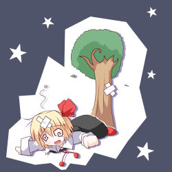 Rule 34 | 1girl, @ @, bandages, blonde hair, embodiment of scarlet devil, fang, female focus, hair ribbon, lowres, red eyes, ribbon, rumia, short hair, solo, tears, touhou, tree