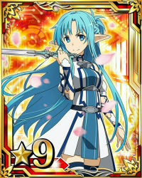 Rule 34 | 10s, 1girl, asuna (sao), asuna (sao-alo), blue eyes, blue hair, blue ribbon, blue thighhighs, card (medium), cherry blossoms, detached sleeves, dress, holding, holding sword, holding weapon, long hair, looking at viewer, pleated dress, pointy ears, ribbon, sleeveless, sleeveless dress, smile, solo, star (symbol), sword, sword art online, thighhighs, weapon, zettai ryouiki