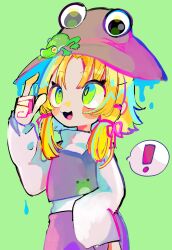 Rule 34 | 1girl, abekoma, animal print, blonde hair, brown hat, frog, frog hair ornament, frog print, green eyes, hair ornament, hat, highres, moriya suwako, open mouth, purple skirt, purple vest, skirt, skirt set, solo, standing, thought bubble, touhou, vest, wide sleeves