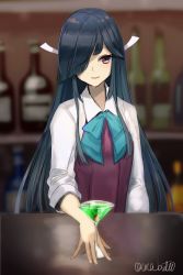Rule 34 | 1girl, black hair, blunt bangs, bow, bowtie, cocktail, drink, hair over one eye, hair ribbon, halterneck, hayashimo (kancolle), highres, kantai collection, long hair, ribbon, school uniform, shirt, sleeves rolled up, solo, upper body, very long hair, white shirt, yamashichi (mtseven)