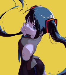 Rule 34 | 1girl, bare shoulders, black necktie, black skirt, blue eyes, blue hair, commentary request, grey shirt, hand up, hatsune miku, highres, kiro tasuku, long hair, looking at viewer, looking up, necktie, number tattoo, pleated skirt, shirt, simple background, skirt, smile, solo, standing, tattoo, twintails, vocaloid, yellow background