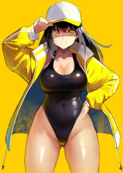 Rule 34 | 1girl, black one-piece swimsuit, blush, breasts, competition swimsuit, highleg, highleg swimsuit, highres, kekemotsu, large breasts, long hair, long sleeves, looking at viewer, one-piece swimsuit, original, simple background, smile, swimsuit, thick thighs, thighs, yellow background