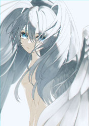 Rule 34 | 1girl, absurdres, alternate hair color, angel wings, arm at side, backlighting, blue eyes, breasts, chromatic aberration, completely nude, crack, cracked skin, expressionless, eyelashes, feathered wings, floating hair, grey background, grey hair, grey theme, grey wings, hair between eyes, hatsune miku, highres, light particles, long hair, looking at viewer, nude, parted lips, reirou (chokoonnpu), sideboob, simple background, skinny, small breasts, solo, tsurime, twintails, vocaloid, wings