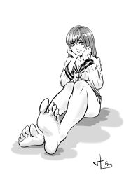 Rule 34 | 1girl, absurdres, barefoot, breasts, cleavage, feet, foot focus, hands on own face, highres, long hair, looking at viewer, monochrome, pov, school uniform, serafuku, sitting, smile, soles, toes