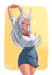 Rule 34 | 1girl, ;d, absurdres, animal ears, arms up, artist name, blue skirt, blush, boku no hero academia, border, breasts, collared shirt, commentary, dark-skinned female, dark skin, emmettart, english commentary, heart, highres, large breasts, long eyelashes, looking at viewer, mirko, nail polish, one eye closed, open mouth, parted bangs, pleated skirt, polka dot bowtie, ponytail, rabbit ears, rabbit girl, red eyes, red nails, school uniform, shirt, shirt tucked in, skirt, sleeves rolled up, smile, solo, stretching, taut clothes, taut shirt, thighs, white border, white hair, white shirt, yellow background
