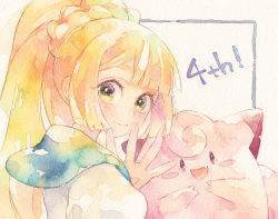 Rule 34 | 1girl, blonde hair, blush, blush stickers, braid, clefairy, closed mouth, commentary request, creatures (company), eyelashes, game freak, gen 1 pokemon, green eyes, hand up, lillie (pokemon), long hair, looking at viewer, looking back, nintendo, oharu-chan, painting (medium), pokemon, pokemon (creature), pokemon sm, shirt, smile, traditional media, watercolor (medium), white shirt