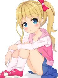 Rule 34 | 1girl, ass, bad id, bad pixiv id, blonde hair, blue eyes, blue skirt, blush, bow, closed mouth, collarbone, commentary request, copyright request, fingernails, hair bow, head tilt, hood, hooded jacket, jacket, long hair, long sleeves, open clothes, open jacket, pink footwear, pink jacket, pleated skirt, red bow, shirt, shoes, side ponytail, sidelocks, sitting, skirt, sleeveless, sleeveless jacket, smile, socks, solo, sutei (xfzdarkt), very long hair, white background, white shirt, white socks