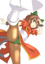 Rule 34 | 1girl, animal ears, boots, bracelet, breasts, brown hair, capcom, cat ears, cat tail, chen, chinese clothes, chun-li, chun-li (cosplay), cosplay, green panties, high kick, jewelry, kicking, knee boots, leg up, looking at viewer, multiple tails, open mouth, panties, pantyhose, pelvic curtain, puffy short sleeves, puffy sleeves, sash, shimouki izui, short hair, short sleeves, simple background, small breasts, solo, spiked bracelet, spikes, spread legs, street fighter, tail, touhou, underwear, white background