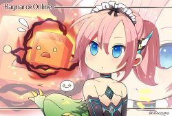 Rule 34 | 1girl, android, anger vein, black dress, black gloves, blue eyes, blush, chibi, closed mouth, commentary request, copyright name, dress, elbow gloves, expressionless, flying sweatdrops, gloves, hair between eyes, lizard, looking at viewer, maid headdress, mansion manager, medium hair, pink hair, pitaya (ragnarok online), ponytail, ragnarok online, red pepper (ragnarok online), shiraazuma, strapless, strapless dress, upper body, zoom layer
