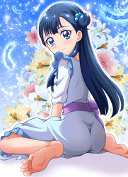 Rule 34 | 1girl, ass, barefoot, blue dress, blue eyes, blue feathers, blue hair, closed mouth, dress, feathers, flower, frilled dress, frills, from behind, hair bun, hair ornament, hanzou, highres, hugtto! precure, long hair, looking at viewer, looking back, pink flower, precure, single hair bun, sitting, smile, soles, solo, sparkle, very long hair, wariza, white flower, yakushiji saaya, yellow flower