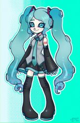 Rule 34 | 1girl, aqua eyes, aqua hair, artist name, boots, cephalopod eyes, closed mouth, collared dress, commentary, dress, english commentary, eyelashes, full body, green background, hatsune miku, highres, knee boots, long hair, nintendo, octoling, octoling girl, octoling player character, oomy tako, sidelocks, sleeveless, sleeveless dress, sleeves past wrists, smile, solo, splatoon (series), tentacle hair, twintails, two-tone background, vocaloid, white background