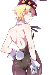 Rule 34 | 10s, 1girl, animal ears, asparagus (girls und panzer), ass, back, back-seamed legwear, backless outfit, bare shoulders, black pantyhose, blonde hair, blue eyes, blush, breasts, cleavage, detached collar, earrings, em (totsuzen no hakike), fake animal ears, from behind, girls und panzer, girls und panzer ribbon no musha, gloves, hand on own hip, hat, jewelry, leotard, looking at viewer, looking back, pantyhose, playboy bunny, rabbit ears, rabbit tail, seamed legwear, short hair, solo, tail, white gloves
