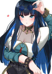 Rule 34 | 1girl, absurdres, bare shoulders, beret, black hair, black shorts, blue eyes, blue hair, bracelet, breasts, buttons, colored inner hair, double-breasted, eyeliner, fate/grand order, fate (series), green hat, green jacket, hat, heart, highres, jacket, jewelry, long hair, looking at viewer, makeup, masini-mashini615, multicolored hair, neck ring, o-ring, off shoulder, round eyewear, shorts, sidelocks, small breasts, solo, sunglasses, tenochtitlan (fate), tenochtitlan (second ascension) (fate), wavy hair, zipper