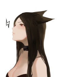 Rule 34 | 1girl, absurdres, akito (d30n26), annoyed, bare shoulders, black collar, breasts, brown dress, brown hair, cleavage, collar, commentary request, dress, eyelashes, half-closed eyes, highres, lips, long hair, looking away, medium breasts, mole, mole on breast, mole on neck, mole under eye, mole under mouth, nose, original, pink lips, red eyes, simple background, sleeveless, sleeveless dress, slit pupils, solo, teeth, upper body, white background