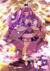 Rule 34 | 1girl, absurdres, big hair, black footwear, brooch, closed mouth, commentary, crescent, cure majesty, dress, ellee-chan, facing viewer, full body, hair tie, half-dress, highres, hirogaru sky! precure, jewelry, light particles, long hair, magical girl, medium dress, omega takai, precure, purple dress, purple hair, shoes, short sleeves, skirt hold, smile, solo, sparkle, standing, thighhighs, two side up, very long hair, white thighhighs, wing brooch, wing hair ornament