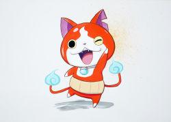 Rule 34 | 10s, absurdres, acrylic paint (medium), arm up, calligraphy brush (medium), cat, fangs, flame-tipped tail, haramaki, highres, jibanyan, looking at viewer, making-of available, multiple tails, no humans, notched ear, one eye closed, open mouth, painting (medium), solo, tail, tatsumasa, traditional media, two tails, white background, traditional youkai, youkai watch