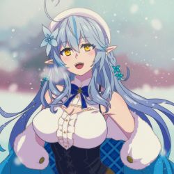 Rule 34 | 1girl, ahoge, akairiot, beret, blue hair, blush, braid, breasts, cleavage, cleavage cutout, clothing cutout, coat, commentary, elf, flower, fur-trimmed jacket, fur trim, hair flower, hair ornament, hat, heart, heart ahoge, highres, hololive, jacket, large breasts, long hair, off shoulder, pointy ears, side braid, snowflakes, snowing, solo, symbol-only commentary, virtual youtuber, white hat, winter, winter clothes, winter coat, yellow eyes, yukihana lamy