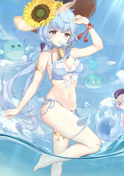 Rule 34 | 2girls, absurdres, arm up, armlet, bare shoulders, barefoot, bikini, blue bikini, blue choker, blue hair, blue sky, blue theme, breasts, brown headwear, choker, cleavage, day, flower, food, frilled bikini, frills, front-tie bikini top, front-tie top, ganyu (genshin impact), genshin impact, halterneck, halterneck, hat, hat flower, highres, kuroida, long hair, looking at viewer, low ponytail, medium breasts, mouth hold, multiple girls, navel, ocean, ofuda, outdoors, pink eyes, popsicle, purple headwear, qiqi (genshin impact), side-tie bikini bottom, sky, slime (genshin impact), solo focus, stomach, straw hat, string bikini, sunflower, sunlight, swimsuit, thighlet, thighs, very long hair, wading, water, water drop