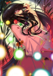 Rule 34 | 1girl, :d, absurdres, black hair, blood, blurry, blurry foreground, boa (brianoa), crazy eyes, depth of field, full moon, hand up, highres, hime cut, houraisan kaguya, long hair, long sleeves, looking at viewer, moon, open mouth, pink shirt, red skirt, ringed eyes, shirt, skirt, smile, solo, touhou, wide-eyed, wide sleeves