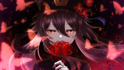 Rule 34 | 1girl, black nails, brown hair, floating hair, flower, genshin impact, hair between eyes, hair ornament, highres, holding, holding flower, hu tao (genshin impact), jewelry, long hair, looking at viewer, nail polish, nisikm, portrait, red eyes, red flower, ring, solo