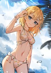 Rule 34 | 1girl, absurdres, arms at sides, beach, blonde hair, blue eyes, bracelet, breasts, closed mouth, hand in own hair, highres, himura soichiro, hololive, hololive english, jewelry, looking at viewer, medium breasts, medium hair, navel, necklace, outdoors, smile, solo, standing, swimsuit, thighs, virtual youtuber, water, watson amelia