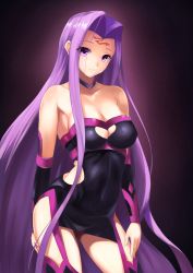 Rule 34 | 1girl, bare shoulders, boots, breasts, cleavage, cleavage cutout, clothing cutout, contrapposto, cowboy shot, elbow gloves, facial mark, fate/stay night, fate (series), forehead mark, gloves, hair over shoulder, hazamanokaien, hip vent, kurokku, long hair, looking at viewer, medusa (fate), medusa (rider) (fate), medusa (rider) (third ascension) (fate), parted bangs, parted lips, purple eyes, purple hair, sidelocks, sleeveless, solo, standing, strapless, thigh boots, thighhighs, thighs, very long hair
