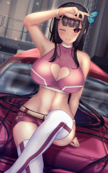 Rule 34 | 1girl, absurdly long hair, alternate costume, arm up, armpits, bare shoulders, belt, black hair, blunt bangs, blush, branch, breasts, bug, butterfly, butterfly hair ornament, car, cleavage, cleavage cutout, clothing cutout, crop top, crossed legs, dutch angle, hair ornament, heart, highres, houraisan kaguya, indoors, insect, jeweled branch of hourai, large breasts, light smile, long hair, midriff, motor vehicle, nail polish, navel, one eye closed, parted lips, pink nails, purple eyes, red eyes, short shorts, shorts, shounen (hogehoge), sidelocks, sitting, sitting on car, sleeveless, solo, teeth, thighhighs, thighs, touhou, very long hair, white thighhighs