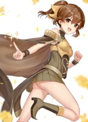 Rule 34 | 1girl, absurdres, armor, ass, bracelet, breastplate, breasts, brown eyes, brown hair, cape, commission, commissioner upload, delthea (fire emblem), dress, fang, female focus, fire emblem, fire emblem echoes: shadows of valentia, from below, happy, haru (nakajou-28), high heels, highres, jewelry, nintendo, pointing, pointing at viewer, ponytail, ribbon, running, skeb commission, small breasts, smile, solo