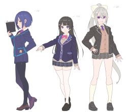 Rule 34 | 3girls, absurdres, black footwear, black hair, black jacket, black legwear, blue eyes, blue jacket, blue skirt, book, bow, bowtie, breast pocket, cardigan, commentary, enkyo yuuichirou, hair bow, hair ornament, hairclip, height difference, highres, higuchi kaede, higuchi kaede (1st costume), holding, holding book, jacket, loafers, long hair, long sleeves, looking at viewer, miniskirt, mole, mole under eye, multiple girls, necktie, nijisanji, open clothes, pantyhose, pink neckwear, plaid, plaid skirt, pleated skirt, pocket, ponytail, purple eyes, purple neckwear, school uniform, shizuka rin, shizuka rin (1st costume), shoes, short hair, silver hair, skirt, smile, thighhighs, tsukino mito, tsukino mito (1st costume), virtual youtuber, white bow, white legwear, yellow eyes, zettai ryouiki