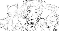 aikatsu!_(series) aikatsu_friends! bad_id bad_twitter_id blunt_bangs choker chono_maika earrings greyscale highres hinata_ema_(aikatsu_friends!) idol_clothes inactive_account jacket jewelry long_hair looking_at_viewer monochrome one_eye_closed open_mouth simple_background smile star_(symbol) star_choker suiso_(owp) twintails white_background