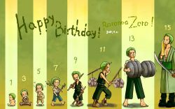 Rule 34 | 1boy, age progression, baby, barefoot, birthday, child, full body, green hair, haramaki, highres, male focus, multiple persona, one piece, roronoa zoro, solo, stick, striped, striped background, sword, weapon, weights