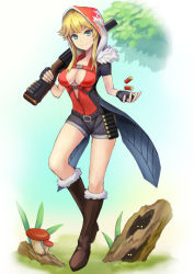 Rule 34 | 1girl, ammunition pouch, aqua eyes, belt, black gloves, blonde hair, boots, breasts, brown footwear, cleavage, fingerless gloves, full body, fur-trimmed boots, fur boots, fur trim, gloves, gun, knee boots, little red riding hood, little red riding hood (grimm), looking at viewer, mushroom, original, over shoulder, pouch, red hood, short shorts, short sleeves, shorts, shotgun, shotgun shell, sidelocks, smile, solo, sunao (70 the), weapon, weapon over shoulder, white hood