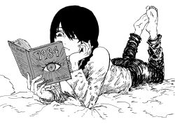 Rule 34 | 1984 (novel), 1girl, barefoot, book, braid, chainsaw man, closed mouth, feet, feet up, greyscale, hand on own face, hand up, head rest, highres, holding, holding book, ibumuc, long hair, lying, monochrome, nayuta (chainsaw man), on stomach, pants, reading, single braid, soles, solo, the pose, toes