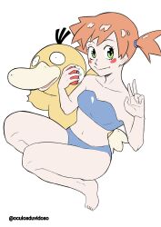 Rule 34 | 1girl, 1other, ass, barefoot, bikini, blue bikini, blush, blush stickers, breasts, cleavage, closed mouth, collarbone, commentary, creatures (company), ears, eyelashes, feet, female focus, full body, game freak, gen 1 pokemon, green eyes, hands up, highres, holding, holding poke ball, legs, looking at viewer, medium breasts, misty (pokemon), navel, nintendo, no headwear, no pants, no shoes, no socks, oculosduvidoso, orange hair, peace symbol, poke ball, poke ball (basic), pokemon, pokemon (creature), pokemon rgby, psyduck, short hair, side ponytail, simple background, smile, squatting, strapless, strapless bikini, swimsuit, thighs, toes, twitter username, v, watermark, white background