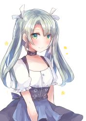 Rule 34 | 1girl, apron, blue apron, blush, choker, cosplay, dirndl, dress, flat chest, german clothes, green eyes, hair ribbon, highres, kantai collection, long hair, looking at viewer, mochiko (mocchikkoo), ribbon, silver hair, simple background, smile, solo, twintails, waist apron, white background, z1 leberecht maass (kancolle) (cosplay), z1 leberecht maass (kancolle), zuikaku (kancolle)