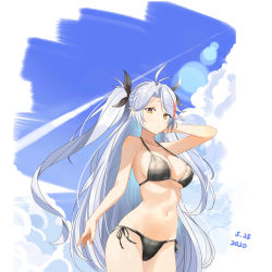 Rule 34 | 1girl, absurdres, ahoge, alternate costume, azur lane, bikini, black bikini, black ribbon, blue sky, blush, breasts, chinese commentary, cleavage, closed mouth, cloud, cloudy sky, collarbone, commentary, cowboy shot, dated, eyelashes, hair ribbon, hand in own hair, highres, large breasts, lens flare, long hair, looking at viewer, mole, mole on breast, multicolored hair, navel, orange eyes, outdoors, parted bangs, plaid, plaid bikini, prinz eugen (azur lane), red hair, ribbon, side-tie bikini bottom, silver hair, skindentation, sky, solo, stomach, streaked hair, swimsuit, two-tone hair, two side up, very long hair, xiaoxiao de kuangsan