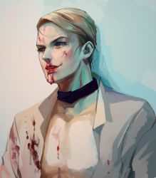 Rule 34 | 1boy, blonde hair, blood, blood from mouth, blood on clothes, blue eyes, braid, highres, jojo no kimyou na bouken, male focus, meron nouka, nosebleed, open mouth, prosciutto, smile, solo, upper body