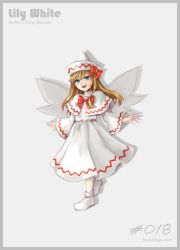 Rule 34 | 1girl, absurdres, blonde hair, blue eyes, blush, bow, bowtie, capelet, character name, commentary request, dress, fairy, fairy wings, full body, grey background, happy, hat, hat bow, highres, hoshiringo0902, lily white, lips, long hair, long sleeves, open mouth, orange hair, perfect cherry blossom, pointy hat, red bow, red bowtie, sidelocks, sleeves past wrists, solo, standing, touhou, white background, white capelet, white dress, white footwear, white hat, wide sleeves, wings