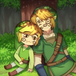 Rule 34 | 2boys, :3, against tree, blonde hair, drooling, dual persona, closed eyes, forest, grass, link, lowres, male focus, markings, multiple boys, musical note, nature, nintendo, pointy ears, saliva, shadow, sitting, sleeping, the legend of zelda, the legend of zelda: skyward sword, the legend of zelda: the wind waker, toon link, tree, tree shade, tunic, wusagi2