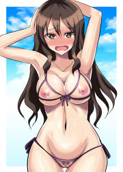 Rule 34 | 10s, 1girl, arms up, ashigara (kancolle), bikini, blush, bra, breastless clothes, breasts, brown eyes, brown hair, cowboy shot, crotchless, crotchless panties, crotchless swimsuit, cupless bra, embarrassed, fangs, female pubic hair, kantai collection, kondou ryunosuke, long hair, looking at viewer, micro bikini, nipples, nude, open mouth, panties, pubic hair, pussy, pussy juice, revealing clothes, side-tie bikini bottom, solo, swimsuit, tears, uncensored, underwear