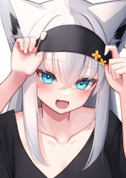 Rule 34 | 1girl, :d, absurdres, adjusting clothes, adjusting headwear, ahoge, animal ear fluff, animal ears, arms up, black hairband, black shirt, blue eyes, blush, commentary request, earrings, fang, fox ears, fox girl, hairband, highres, hololive, jewelry, looking at viewer, official alternate costume, open mouth, shin insh, shirakami fubuki, shirakami fubuki (loungewear), shirt, sidelocks, simple background, single earring, smile, solo, t-shirt, virtual youtuber, white background